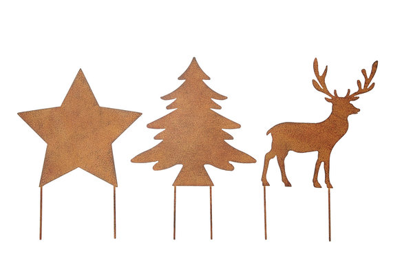 Stern, Baum und Hirsch zum Stecken Metall Rost