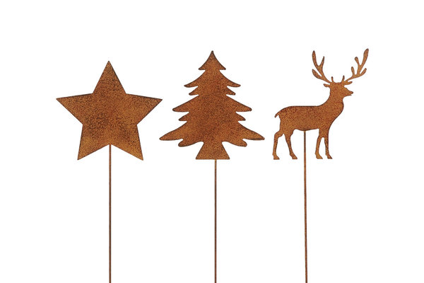 Stern, Baum und Hirsch zum Stecken Metall Rost groß 80cm