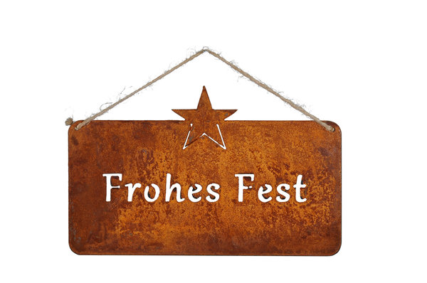 FROHES FEST Schild zum Hängen Metall Rost mit Stern