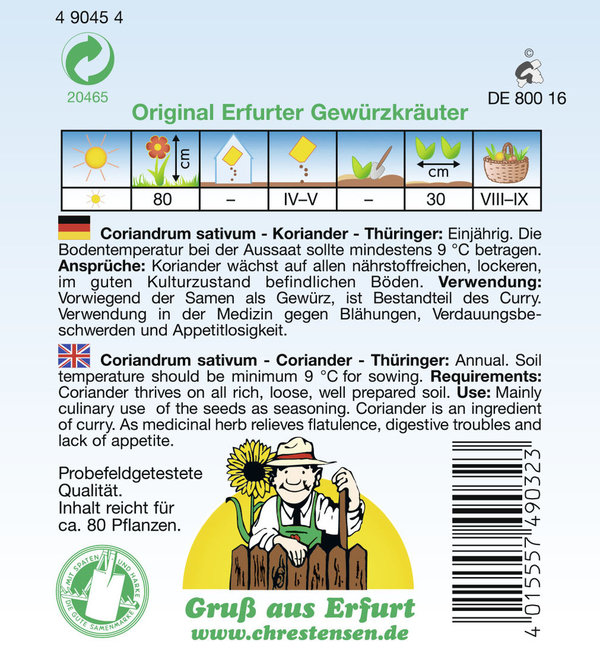 Koriander Thüringer Samen Saatgut Kräuter Chrestensen