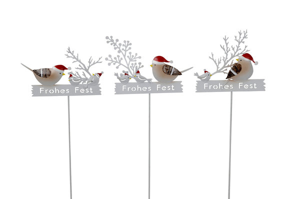3er Set Vögel mit Mützen und Zweigen am Stab FROHES FEST